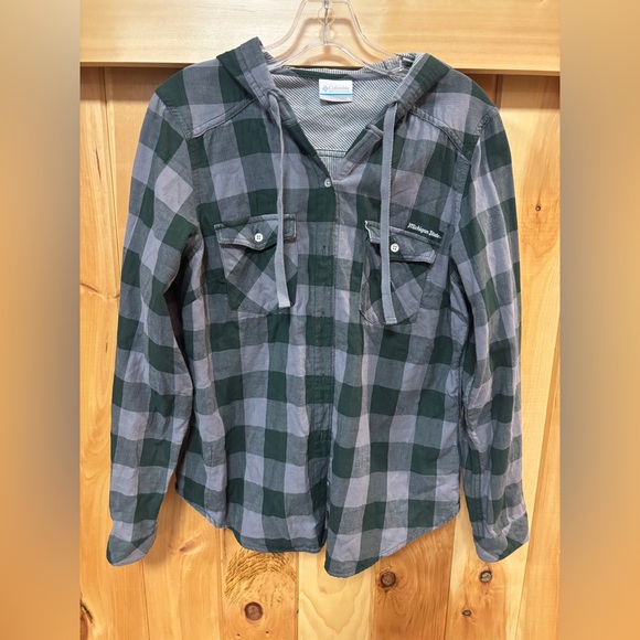 Columbia Green Michigan State Spartans Women’s M Hooded Long Sleeve Plaid Shirt - Picture 2 of 5